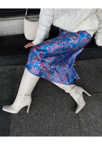 Kadın Çok Renkli Desenli Pamuk Saten Midi Etek fiyatları