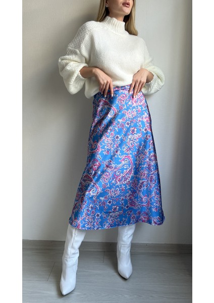 Kadın Çok Renkli Desenli Pamuk Saten Midi Etek modelleri