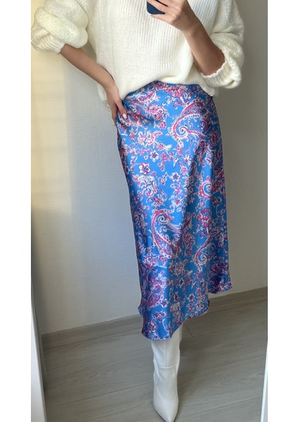 Kadın Çok Renkli Desenli Pamuk Saten Midi Etek fırsatları