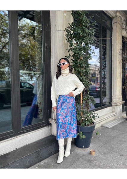 Kadın Çok Renkli Desenli Pamuk Saten Midi Etek indirimleri