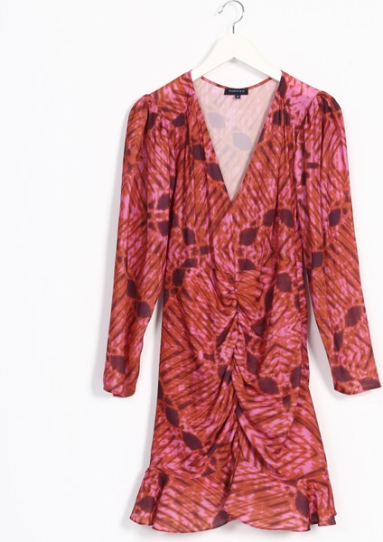 V Yaka Desenli Pembe Mini Kadın Elbise YMN-9