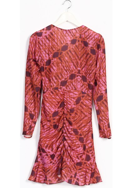 V Yaka Desenli Pembe Mini Kadın Elbise YMN-9 fiyatları