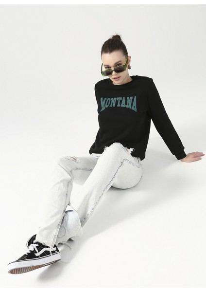Bisiklet Yaka Baskılı Siyah Kadın Sweatshirt Monısa