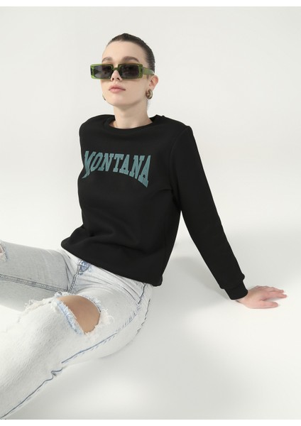 Bisiklet Yaka Baskılı Siyah Kadın Sweatshirt Monısa