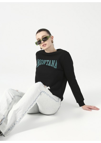Bisiklet Yaka Baskılı Siyah Kadın Sweatshirt Monısa