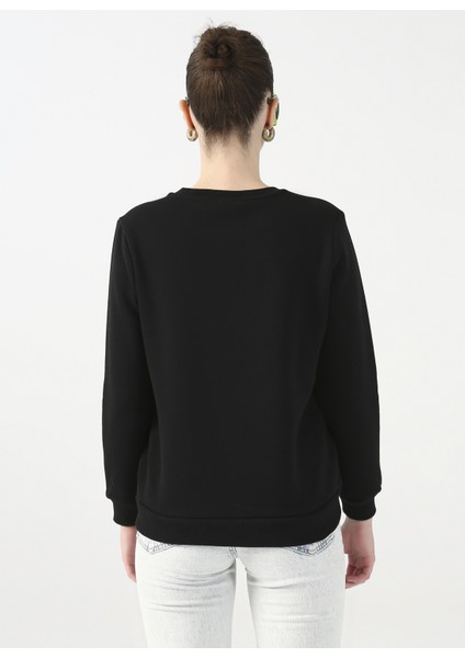 Bisiklet Yaka Baskılı Siyah Kadın Sweatshirt Monısa