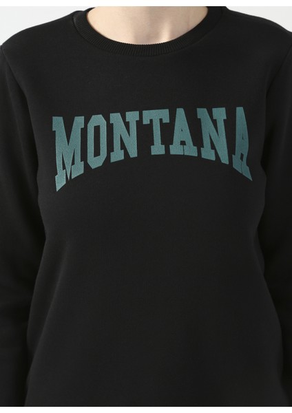 Bisiklet Yaka Baskılı Siyah Kadın Sweatshirt Monısa