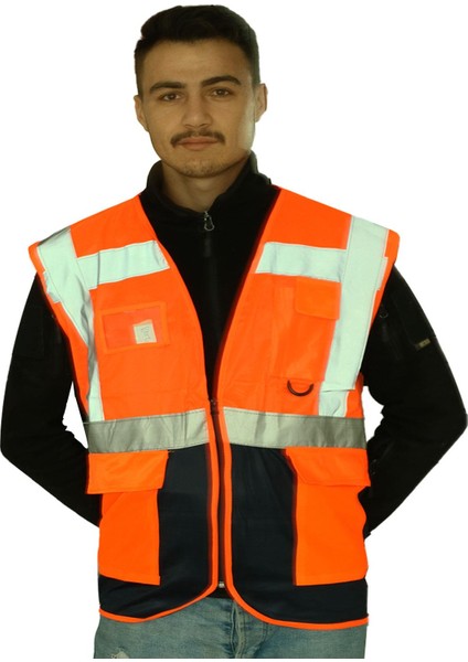 Mühendis Tipi Ikaz Yeleği Cepli Fosforlu Fermuarlı Turuncu Güvenlik Yelek