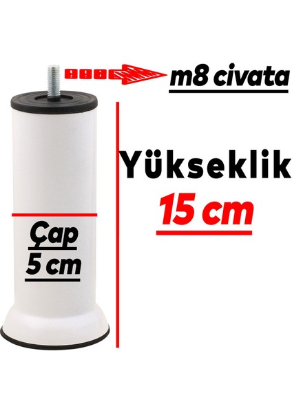 Mobilya Kanepe Baza Koltuk Yükseltme Ayağı Ince Diş M8 Civatalı 15 Cm Beyaz Metal Ayakları 4 Adet
