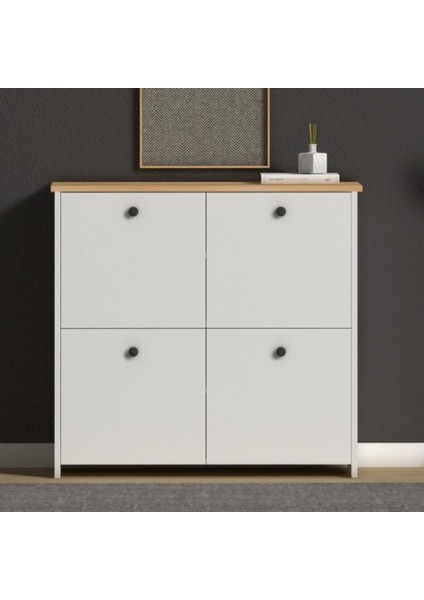 Pelin 4 Raflı 4 Kapaklı Modern Ayakkabılık-Ayakkabı Dolabı-Konsol Beyaz