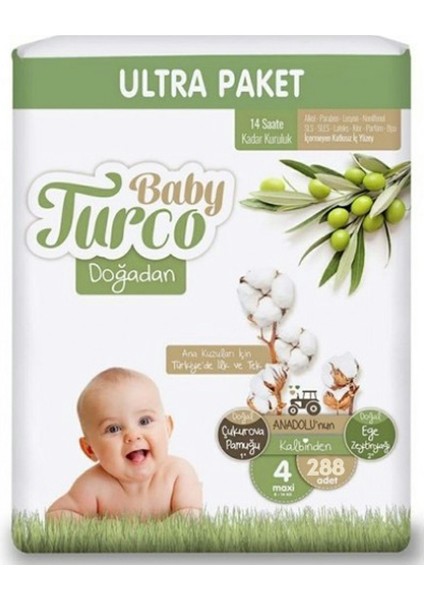 Uni Baby Baby Turco Doğadan Ultra Fırsat Bebek Bezi 4 No Maxi 96 Lı x 3 Adet