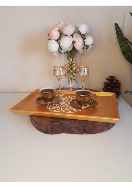 Altın Varaklı Çay , Kahve , Söz Nişan Dekoratif Servis Sunum Tepsisi