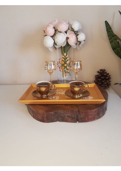 Altın Varaklı Çay , Kahve , Söz Nişan Dekoratif Servis Sunum Tepsisi