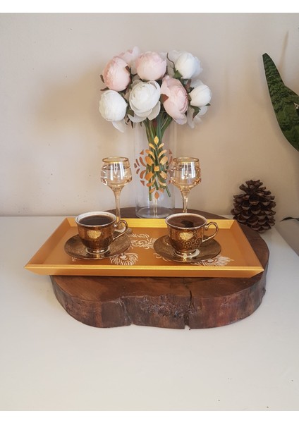 Altın Varaklı Çay , Kahve , Söz Nişan Dekoratif Servis Sunum Tepsisi