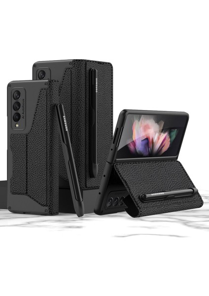 Samsung Galaxy Z Fold 4 Zırh Pu Deri Kapak Çevirin Kalem Tepsi Kart Yuvası Kılıf Tam Koruma Cep Telefonu Kılıfı Kapak(Yurt Dışından)
