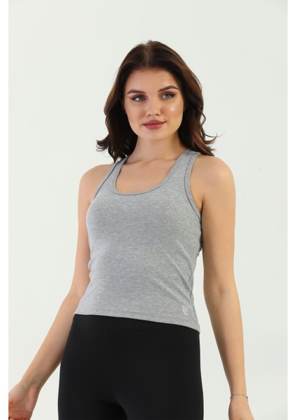 Gri Melanj Çapraz Askılı Slim Fit Ribana Kadın Atlet