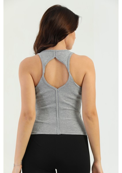 Gri Melanj Çapraz Askılı Slim Fit Ribana Kadın Atlet