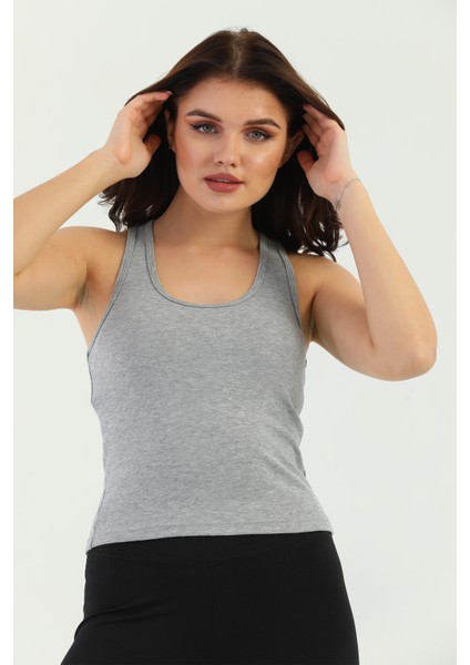 Gri Melanj Çapraz Askılı Slim Fit Ribana Kadın Atlet