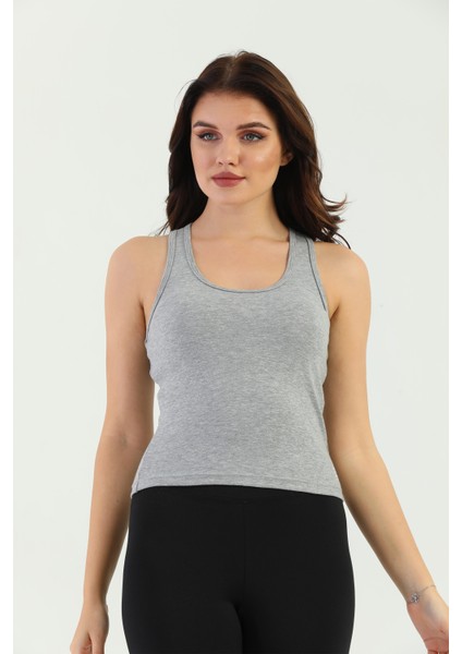 Gri Melanj Çapraz Askılı Slim Fit Ribana Kadın Atlet