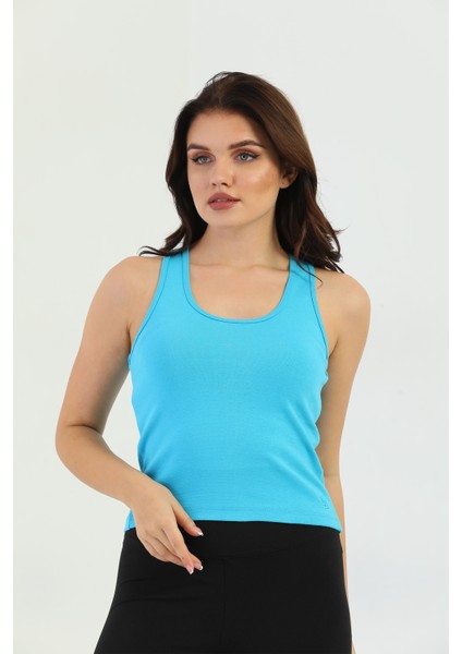 Açık Mavi Çapraz Askılı Slim Fit Ribana Kadın Atlet