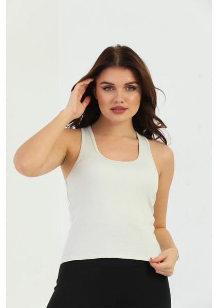 Bej Çapraz Askılı Slim Fit Ribana Kadın Atlet modelleri