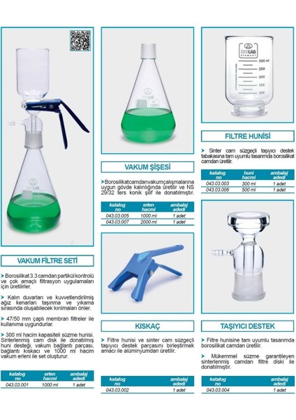 043.03.006 Filtre Hunisi Vakum Filtre Düzeneği Için 500 ml 1 Adet fiyatları