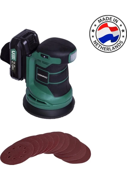 Eksantrik Zımpara – Vpower 20V - Dahil. 2.0AH Akü ve Şarj Cihazı - Ø125MM - Toz Torbası ve 12 Adet Zımpara Kağıdı ile