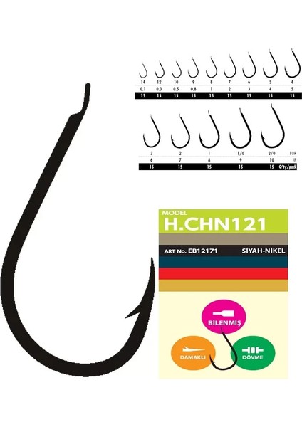 Hchn 121 Kısa Pala Dövme Olta Iğnesi 15'li Paket Black Nikel 5