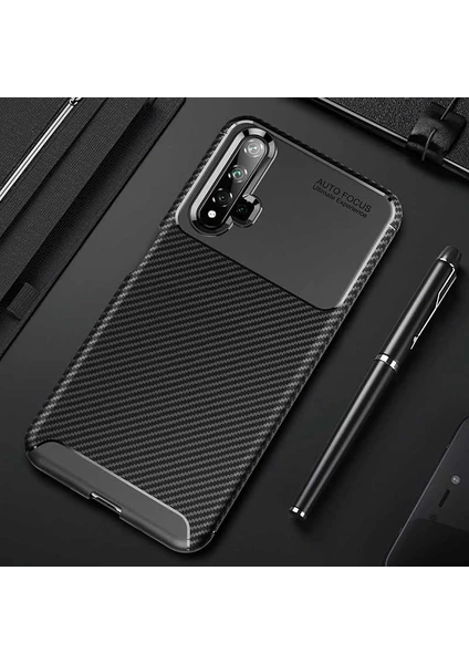 Huawei Nova 5t Kılıf Rugged Armor Darbe Emici Uzun Ömürlü Dayanıklı Parmak İzi Yapmaz Karbon Tasarım Negro Silikon Kapak