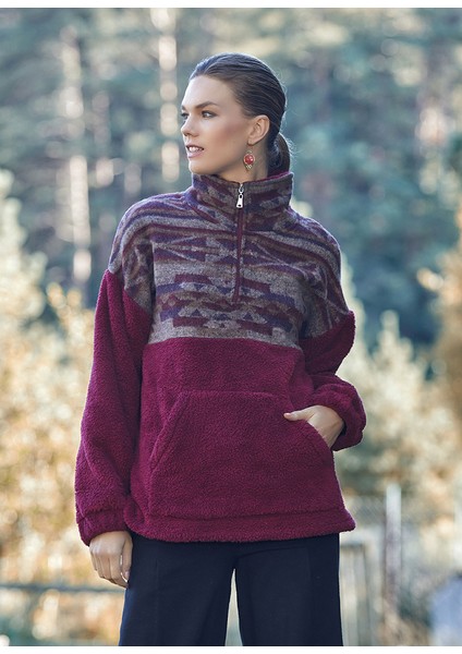Boğazlı Etnik Desenli Peluş Sweatshirt Bordo