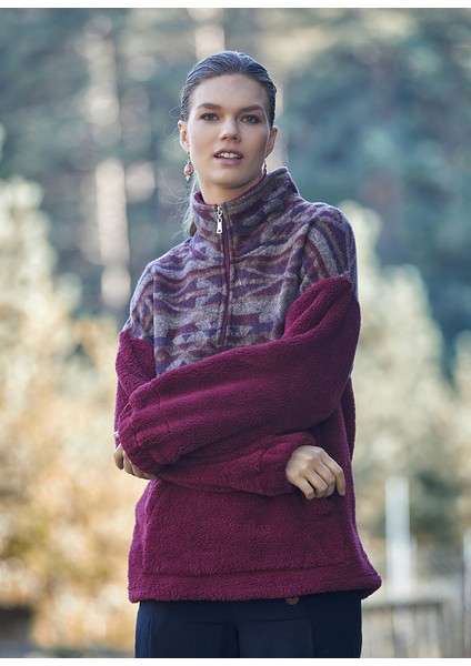 Boğazlı Etnik Desenli Peluş Sweatshirt Bordo fiyatları