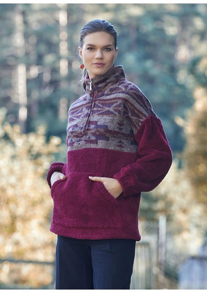Boğazlı Etnik Desenli Peluş Sweatshirt Bordo modelleri