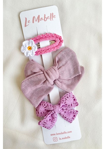 Lila Örgü Çiçek 3'lü Toka Set