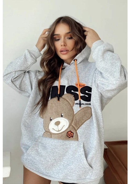 Kadın Gri Kapşonlu Peluş Sweatshirt MW2604