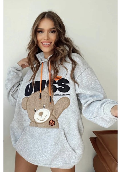 Kadın Gri Kapşonlu Peluş Sweatshirt MW2604