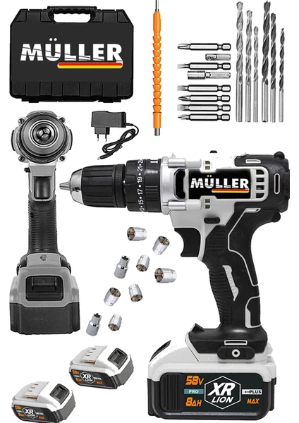 Germany 58 V 8 Ah Çift Metal Şanzuman Bakır Sargılı Çift Akülü Şarjlı Matkap  Vidalama 27 Parça Set