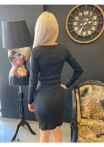 Kadın Göbek Dekolte Siyah Mini Elbise modelleri