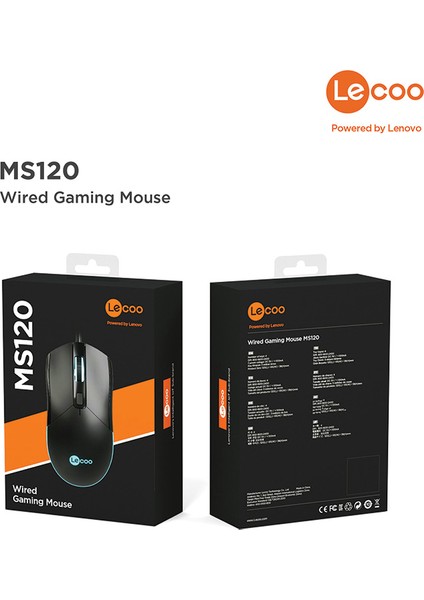 Lenovo Lecoo MS120 RGB Led Aydınlatmalı USB Kablolu 2400DPI 4 Tuşlu 114.6g Optik Gaming Mouse Siyah