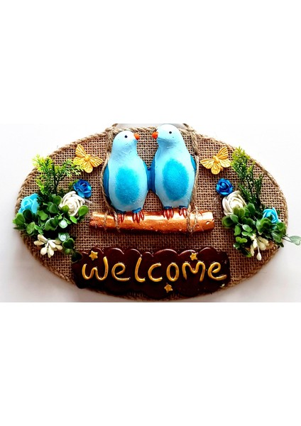 Mavi Kuşlu Çiçekli Welcome Yazılı Kapı Süsü