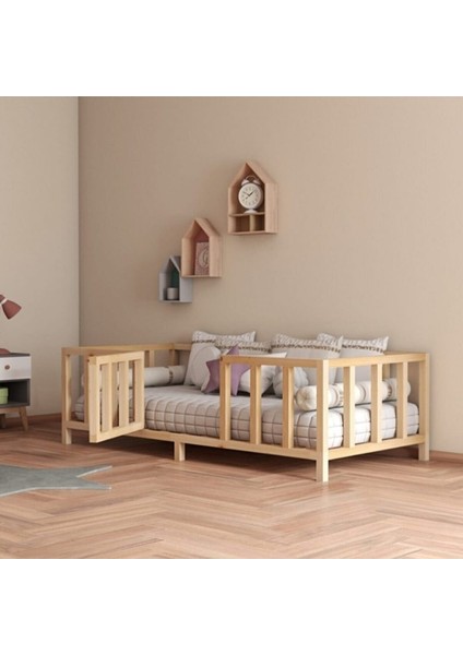 Kapılı Unisex Montessori Bebek ve Çocuk Karyolası Doğal Ahşap Yatak