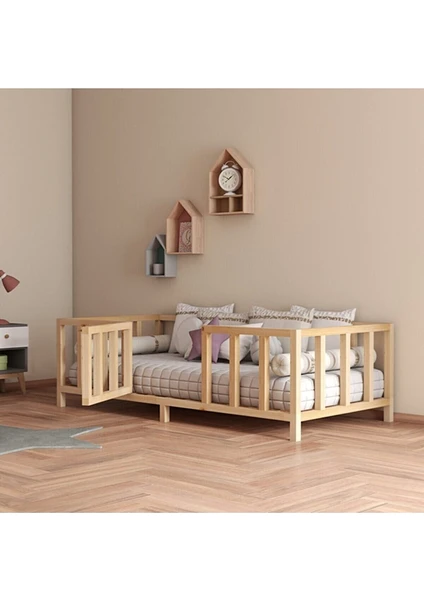 Hft Home Kapılı Unisex Montessori Bebek ve Çocuk Karyolası Doğal Ahşap Yatak