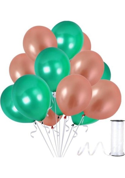 90 Adet Metalik Balon (Koyu Yeşil - Rose Gold )- Helyum Gazı Uyumludur.-Dogum Günü Parti Balonları