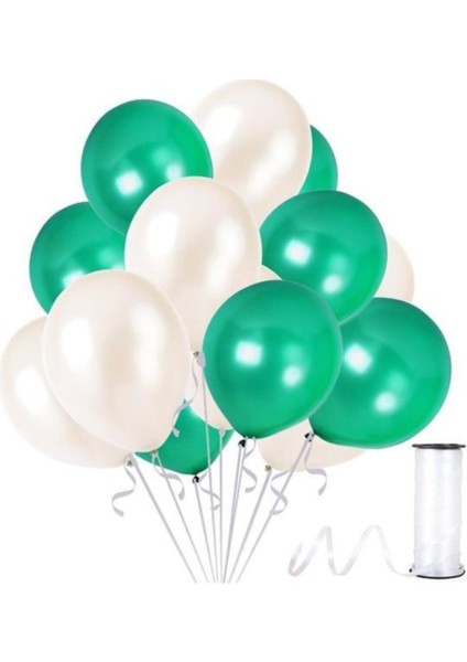 90 Adet Metalik Balon (Koyu Yeşil - Beyaz )- Helyum Gazı Uyumludur.-Dogum Günü Parti Balonları