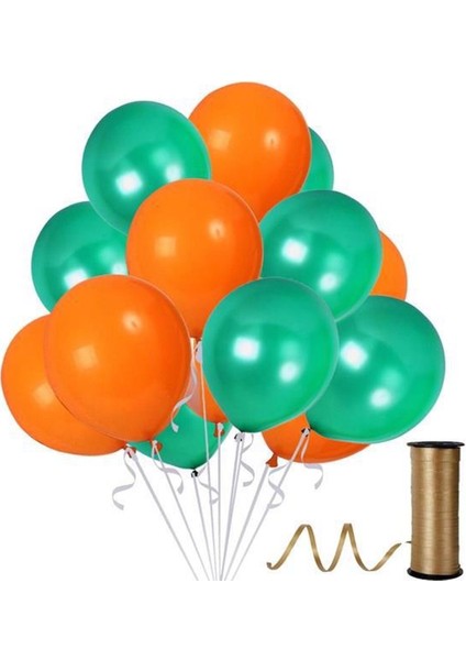 60 Adet Metalik Balon (Koyu Yeşil - Turuncu )- Helyum Gazı Uyumludur.-Dogum Günü Parti Balonları