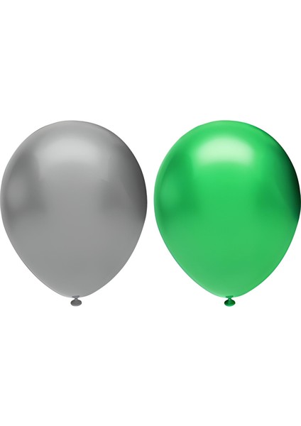 60 Adet Metalik Balon (Koyu Yeşil - Gümüş(Gri) )- Helyum Gazı Uyumludur.-Dogum Günü Parti Balonları