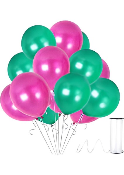 45 Adet Metalik Balon (Koyu Yeşil - Fuşya(Ruby) )- Helyum Gazı Uyumludur.-Dogum Günü Parti Balonları
