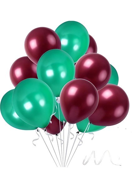 15 Adet Metalik Balon (Koyu Yeşil - Bordo )- Helyum Gazı Uyumludur.-Dogum Günü Parti Balonları