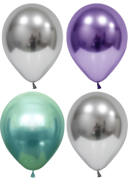 20 Adet Gümüş Mor Yeşil Krom Balon (Aynalı Balon)