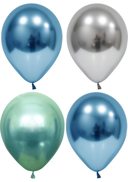 50 Adet Gümüş Mavi Yeşil Krom Balon (Aynalı Balon)+5 Metre Balon Zinciri