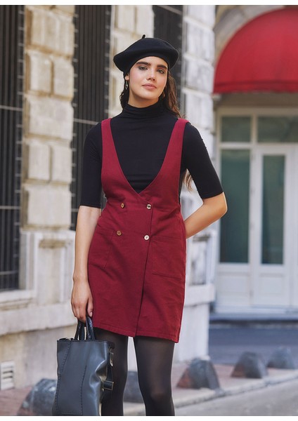 Pamuklu Önden Düğmeli Jile Elbise Bordo